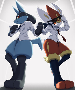 :< abstract_background accessory ambiguous_gender anthro big_ears black_body black_ears blue_body blue_ears blue_fur blue_tail bottomless bottomless_ambiguous bottomless_anthro chest_spike clothed clothed_ambiguous clothed_anthro clothing duo eyewear featureless_crotch feet frown frowning_at_viewer fur glasses grey_background head_tilt long_ears long_tail looking_at_viewer looking_down looking_down_at_viewer mostly_nude mostly_nude_ambiguous mostly_nude_anthro multicolored_body multicolored_ears multicolored_fur necktie orange_eyes pink_nose pose raised_arm red_body red_eyes red_fur shadow shirt simple_background spikes spikes_(anatomy) standing tail topwear white_background white_ears yellow_body yellow_ears yellow_fur niku1441 nintendo pokemon canid canine cinderace generation_4_pokemon generation_8_pokemon lagomorph lucario mammal pokemon_(species) 2023 5:6 absurd_res detailed hi_res portrait