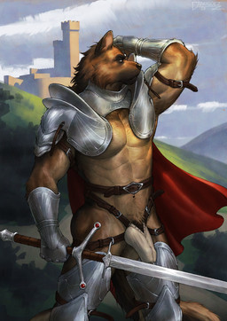 abs anthro armor athletic athletic_anthro athletic_male black_body black_fur black_nose bodily_fluids brown_body brown_fur bulge butt cape castle clothing detailed_bulge fur gauntlets genital_fluids genital_outline genitals gloves handwear knight male novelty_clothing outside penis penis_outline pointy_ears precum pubes solo straps unconvincing_armor warrior draygoezz canid canine canis domestic_dog german_shepherd herding_dog mammal pastoral_dog hi_res