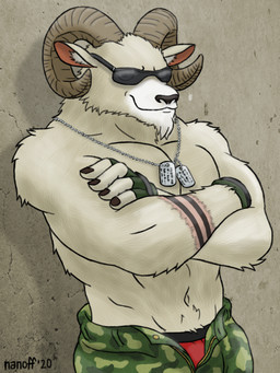 anthro arm_tattoo bottomwear bulge camo camo_bottomwear camo_clothing camo_pants camo_print clothed clothing cocky dog_tags eyewear gloves handwear horn male muscular muscular_anthro muscular_male pants pattern_bottomwear pattern_clothing pattern_pants simple_background solo sunglasses tattoo underwear nanoff bovid caprine mammal 2020 3:4