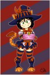 birthday black_hair blush cake clothed clothing cute_fangs dessert fangs female food fur glistening glistening_hair green_eyes hair hat headgear headwear holding_object inner_ear_fluff looking_at_viewer orange_body orange_fur pattern_background short_hair simple_background smile solo standing striped_background teeth tuft witch_hat young young_female young_humanoid poethewondercat animal_humanoid cat_humanoid felid felid_humanoid feline feline_humanoid humanoid mammal mammal_humanoid 2021 hi_res