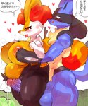 anthro areola belly big_belly big_breasts big_penis black_body black_fur blue_body bodily_fluids breasts cum dialogue duo erection female fur genital_fluids genitals glans huge_belly huge_breasts huge_penis humanoid_genitalia humanoid_penis leaking_cum male male/female multicolored_body multicolored_fur nipples orange_areola orange_body orange_eyes orange_fur orange_nipples penis pregnant pregnant_anthro pregnant_female red_eyes tan_body tan_fur text thought_bubble white_body white_fur shiroepsilon nintendo pokemon braixen generation_4_pokemon generation_6_pokemon lucario pokemon_(species) 5:6 hi_res japanese_text translated