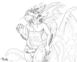 abdominal_bulge anal anal_penetration anthro balls duo erection fisting frenum_ladder frenum_piercing genital_piercing genitals knot ladder_piercing male male/male male_penetrated male_penetrating male_penetrating_male membrane_(anatomy) membranous_wings nude open_mouth oral_fisting penetration penis penis_piercing piercing sex sharp_teeth simple_background smile tail teeth tentacle_sex tentacles white_background wings gorath mythology firondraak dragon goo_creature hybrid mythological_creature mythological_scalie scalie 5:4 monochrome
