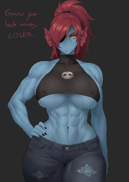 abs big_breasts blue_body blue_skin bottomwear breasts clothing collarbone crop_top denim denim_bottomwear denim_clothing dialogue eye_patch eyebrows eyewear female frill_(anatomy) hair hair_over_eye hand_on_hip huge_breasts jeans muscular navel navel_piercing nipple_outline pants piercing ponytail red_hair shirt solo topwear under_boob yellow_sclera meruzis undertale_(series) undyne animal_humanoid fish fish_humanoid humanoid marine marine_humanoid 2025 absurd_res hi_res