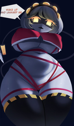 anthro big_breasts breasts female gift gift_wrapping looking_at_viewer machine pose solo solo_focus solo_in_panel speech_bubble text thick_thighs alaki_zezo glitch_productions murder_drones v_(murder_drones) robot robot_anthro absurd_res hi_res pinup