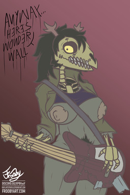 anthro antlers bass_guitar big_nipples black_hair bone bottomless breasts clothed clothing clothing_lift cracks fan_designs female fur green_body guitar guitar_strap hair horn jacket missing_tooth musical_instrument navel nipples no_underwear object_censorship pantsless playing_guitar playing_music plucked_string_instrument pubes rib_cage shirt shirt_lift simple_background skeletal_hand skull skull_head solo spine staples string_instrument teeth text thick_thighs topwear topwear_only yellow_sclera frooby american_mythology deltarune indigenous_north_american_mythology mythology north_american_mythology undertale_(series) wonderwall dess_holiday deer mammal monster new_world_deer reindeer undead wendigo zombie 2:3 absurd_res digital_media_(artwork) english_text hi_res signature