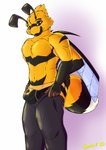 5_fingers antennae_(anatomy) anthro athletic bottomwear bulge clothed clothing detailed_bulge fingers fur genital_outline hair jockstrap male multi_arm multi_limb pants pecs penis_outline pulling_up_pants simple_background smile solo sweatpants underwear wings yellow_body yellow_fur soomir rogue_fang tight_pants_(meme) hectar_(soomir) arthropod bee hymenopteran insect hi_res meme