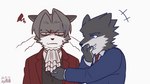 alternate_species annoyed anthro blue_eyes bodily_fluids clothed clothing duo fur furrification giggling hand_on_mouth male necktie simple_background suit sweat white_background white_body white_fur karasuma_wasabi ace_attorney capcom miles_edgeworth phoenix_wright canid canine canis felid feline mammal wolf 16:9 2021 animated hi_res loop short_playtime widescreen