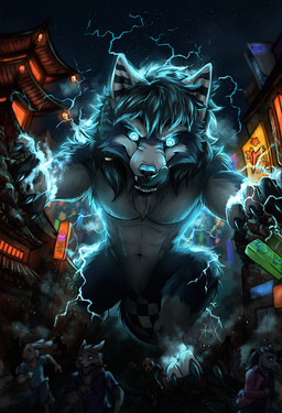abs anthro blue_body blue_fur city_crushing city_destruction destruction dreadlocks electricity electricity_manipulation elemental_manipulation fur glowing glowing_eyes pecs azhax canid canine canis mammal wolf absurd_res hi_res