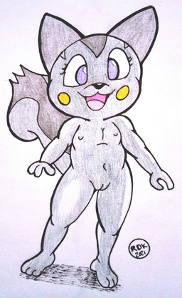 anthro female genitals loli nipples nude nude_anthro solo vulva young young_anthro young_female reddragonkan nintendo pokemon generation_4_pokemon pachirisu pokemon_(species) hi_res traditional_media_(artwork)