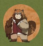 anthro biped bottomwear brown_body brown_fur clothed clothing footwear fur humanoid_hands male pants scar shirt shoes simple_background slightly_chubby solo tattoo topwear baku_hosamo lifewonders tokyo_afterschool_summoners gyobu_(tas) canid canine mammal raccoon_dog tanuki 2018 digital_drawing_(artwork) digital_media_(artwork)