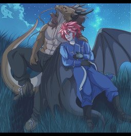 anthro black_bars bottomwear claws clothed clothing female hair horn hug male plant size_difference smile tail wings omez absurd_res hi_res letterbox