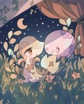 curtains duo feral generation_5_pokemon grass moon munna nintendo plant pokemon pokemon_(species) sky snivy star starry_sky wood_sora