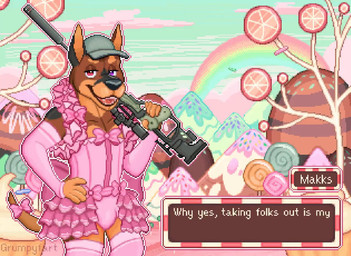 anthro bow_accessory bulge clothed clothing crossdressing femboy frilly frilly_clothing gesture gun hand_gesture hand_on_hip hat headgear headwear heterochromia licking licking_lips lingerie male muscular muscular_anthro muscular_male pink_clothing rainbow ranged_weapon rifle sniper sniper_rifle solo text thumbs_up tongue tongue_out weapon grumpyfart canid canine canis dobermann domestic_dog mammal pinscher animated digital_media_(artwork) english_text no_sound pixel_(artwork) pixel_animation short_playtime video