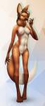 anthro breasts female genitals long_ears long_legs long_torso looking_at_viewer nipples nude pussy smile solo standing thigh_gap wide_hips finir canid canine fox mammal hi_res