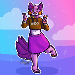 4_toes accessory ambiguous_gender anthro badge barefoot bottomwear brown_pupils claws clothing cloud cloudy_sky crop_top cropped_sweater double_v_sign feet feminine_pose fin flower flower_in_hair fur gesture gradient_background hair hair_accessory hand_gesture handpaw happy head_tuft hopping midriff navel on_one_leg one_eye_closed orange_gills orange_nose orange_sclera paws persim_scarf pink_body pink_fur plant pupils purple_bottomwear purple_clothing purple_skirt shirt simple_background skirt sky smile solo sparkles standing tail tail_fin toe_claws toes topwear tuft v_sign wink stormiehills nintendo pokemon pokemon_mystery_dungeon spike_chunsoft splatoon xevy canid canine canis generation_3_pokemon hybrid mammal pokemon_(species) shiny_pokemon swampert wolf 1:1 hi_res