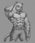 abs anthro belt biceps big_muscles bottomwear chest_tuft clothed clothing fangs front_view fur hand_behind_head kemono looking_at_viewer male muscular muscular_anthro muscular_male obliques open_mouth pants pecs pose simple_background solo standing stripes teeth tongue topless triceps tuft wolfmalro grimoire_of_zero mercenary_(grimoire_of_zero) felid mammal pantherine tiger 2017 digital_media_(artwork) greyscale monochrome portrait three-quarter_portrait