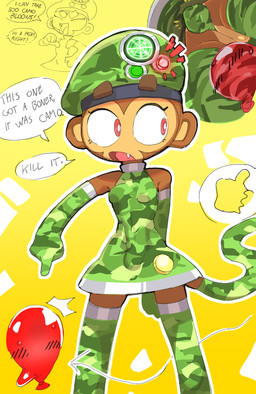 anthro armwear balloon big_ears bloon blush blush_lines bodily_fluids breasts brown_body brown_eyebrows brown_fur bulge butt camo camo_clothing camo_print clothing countershading cute_fangs dress elbow_gloves erection eyebrows eyelashes fangs fur gloves green_clothing gynomorph handwear hat headgear headwear inflatable intersex legwear long_tail pattern_clothing pink_tongue pupils red_eyes small_breasts speech_bubble sweat sweatdrop tail tan_body tan_countershading tan_inner_ear teeth teeth_showing text thick_eyebrows thigh_highs tongue goatboydraws bloons_tower_defense ninja_kiwi sniper_monkey_(bloons) animate_inanimate haplorhine mammal monkey primate english_text hi_res