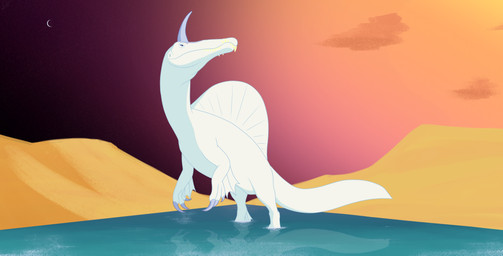 claws cloud crescent_moon desert female feral fin horn moon partially_submerged purple_claws purple_eyes purple_horn river sail_(anatomy) scales sharp_teeth solo standing_in_water star sunrise tail teeth water white_body white_scales davespaceman the_last_unicorn dinosaur prehistoric_species reptile saurischian scalie spinosaurid spinosaurus spinosaurus_mirabilis theropod hi_res