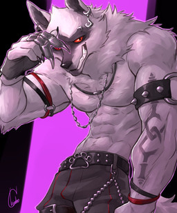 alternative_fashion anthro arm_tattoo armband armor belt belt_buckle black_background black_claws black_nose bottomwear bracelet buckle chain claws clenched_teeth clothed clothing ear_piercing ear_ring eyebrow_piercing facial_markings facial_piercing fingerless_gloves fingernails fluffy fluffy_tail fur gauntlets gloves goth grey_body grey_fur grin hair half_clothed half_naked handwear happy head_markings jewelry legband long_tail looking_at_viewer male markings mask_(marking) multicolored_body multicolored_fur multicolored_hair nails necklace pants piercing pointy_ears prick_ears punk pupils purple_background red_eyes ring_piercing sharp_fingernails sharp_nails sharp_teeth simple_background smile smirk solo spikes standing tail tattoo teeth two_tone_body two_tone_fur two_tone_hair white_body white_fur white_pupils chirenbo dreamworks puss_in_boots_(franchise) death_(puss_in_boots) canid canine canis mammal wolf absurd_res hi_res signature