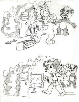 anthro bottomwear clothed clothing computer computer_monitor electronics facial_spots fire fire_hose firefighter glistening glistening_eyes group head_tuft male male_anthro markings mouth_closed narrowed_eyes nude open_clothing open_mouth open_topwear overalls pants shocked simple_background smoke spots spotted_arms spotted_face spotted_markings spotted_tail standing striped_markings striped_tail stripes tail tail_markings toolbox tools topwear trio tuft wrench young young_anthro young_male pandapaco parinton roni_(imroni) salmy bear border_collie canid canine canis cheetah collie domestic_dog felid feline giant_panda herding_dog mammal pastoral_dog sheepdog 2016 hi_res monochrome sketch