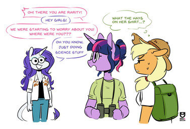 anthro backpack binoculars clothing dialogue eyewear female glasses group hair hair_bun horn mud simple_background text trio white_background redxbacon friendship_is_magic hasbro my_little_pony mythology applejack_(mlp) rarity_(mlp) twilight_sparkle_(mlp) earth_pony equid equine horse mammal mythological_creature mythological_equine pony unicorn english_text
