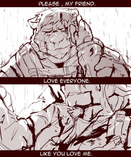 anthro blood bodily_fluids clenched_teeth clothing crying male raining simple_background tears teeth text white_background sollyz felid mammal pantherine tiger 2019 english_text hi_res monochrome