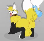 3_tails all_fours anthro anus armwear backsack balls big_balls blue_eyes bodily_fluids butt claws clothing fur genital_fluids genitals huge_balls hyper hyper_balls hyper_genitalia legwear male multi_tail nude open_mouth simple_background smile solo tail tail_grab thigh_highs tongue tongue_out whiskers white_body white_fur yellow_body yellow_fur cutefckngbunny akatosh canid canine fox mammal absurd_res hi_res