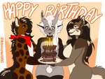 ambiguous_gender anthro bandanna birthday birthday_cake birthday_candle birthday_gift birthday_party cake dessert female food group hair horn kerchief long_hair male surprise surprised_expression surprised_face trio thaismotosuwa alst menzo canid canine canis demon humanoid hyena mammal mexican_wolf wolf 2024 absurd_res hi_res