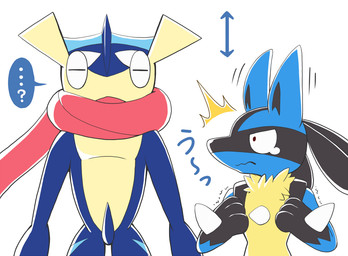 ambiguous_gender anthro duo size_difference spikes text kai11k nintendo pokemon generation_4_pokemon generation_6_pokemon greninja lucario pokemon_(species) japanese_text source_request