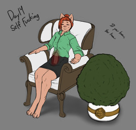 4_toes 5_fingers abdominal_bulge anthro autopenetration bottomwear breasts chair claws clothed clothing collared_shirt digitigrade dress_shirt feet finger_claws fingers furniture hair hair_bun herm internal intersex masturbation paws penetration plant shirt shrub simple_background sitting skirt solo stealth_masturbation text toe_claws toes topwear androidz lydia_(androidz) domestic_cat felid feline felis mammal