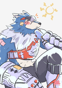 anthro armor blue_body blue_fur blush bodily_fluids bottomwear championship_belt clothing eyewear eyewear_on_head food fur gauntlets gloves handwear male pants popsicle solo sunglasses sunglasses_on_head sweat wearing_sunglasses pastelmon_art bandai_namco digimon digimon_(species) machgaogamon absurd_res hi_res