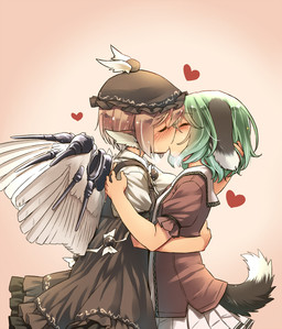 black_ears black_tail blush blushing_profusely bodily_fluids bottomwear breath brown_clothing brown_dress brown_hat brown_headwear clothing dipstick_ears dipstick_tail dress duo ear_markings eyes_closed feathered_wings feathers female female/female floppy_ears green_hair hair hat head_wings headgear headwear heart_symbol hug kiss_on_lips kissing lop_ears markings multicolored_ears pink_hair pleated_skirt puffy_sleeves shirt short_hair short_sleeves side_view simple_background skirt sweat sweatdrop tail tail_markings topwear unusual_wing_placement white_bottomwear white_clothing white_ear_tips white_shirt white_skirt white_tail_tip white_topwear wings yudepii touhou kyouko_kasodani mystia_lorelei animal_humanoid avian avian_humanoid canid canid_humanoid canine canine_humanoid humanoid mammal mammal_humanoid 2018 hi_res