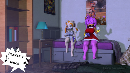 anthro bed big_breasts bookshelf breasts clothed clothing controller duo female fur furniture game_controller gamecube_controller grey_clothing lamp nintendo_controller pillow pink_body pink_fur poster red_clothing text thick_thighs wide_hips tahlian kabalmystic_(modeler) gamecube looney_tunes nintendo sega sonic_the_hedgehog_(series) warner_brothers amy_rose cream_the_rabbit lola_bunny eulipotyphlan hedgehog lagomorph leporid mammal rabbit 16:9 3d_(artwork) digital_media_(artwork) english_text source_filmmaker_(artwork) unavailable_at_source url widescreen