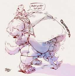 belly big_belly bottomwear clothing dialogue huge_belly jacket larger_male male male/male moobs musclegut muscular muscular_arms obese obese_male overweight overweight_male pants rumbling_stomach size_difference smaller_male text topwear iado_(artist) hyena mammal hi_res