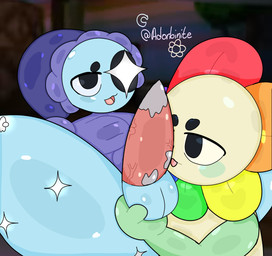 anthro ball_fondling balls black_eyebrows black_eyes blue_body bodily_fluids clothed clothing drooling duo enjoying eyebrows fondling genitals glowing glowing_body hand_on_balls hat headgear headwear licking male male/male multicolored_body nightcap oral partially_clothed penile penis penis_lick saliva sex text thick_thighs tongue tongue_out two_tone_body adorbinite blushcrunch_studio dandy's_world roblox twitter astro_(dandy's_world) dandy_(dandy's_world) artist_name hi_res signature
