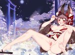 absurd_res accessory anthro anus bell blush bottomless circle_eyebrows clitoris clothed clothing eyebrows feet female genitals hair_accessory hair_ribbon hi_res humanoid_feet humanoid_hands huxiaomai hymen inner_ear_fluff lagomorph leporid mammal mythology nipples oitsukigami_(onmyoji) onmyoji outside plantigrade pussy rabbit ribbons snow snowing solo spread_legs spread_pussy spreading tuft