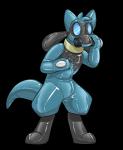 ambiguous_gender anthro drone gas_mask glistening latex mask simple_background solo standing surprise transparent_background tallarra nintendo pokemon generation_4_pokemon mammal pokemon_(species) riolu 2019 alpha_channel digital_drawing_(artwork) digital_media_(artwork) hi_res