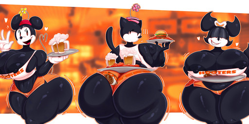 alcohol anthro beer beverage big_breasts big_butt black_body bottomwear breasts burger butt chicken_wings clothing female food gloves group handwear hat headgear headwear heart_symbol hooters_uniform huge_breasts huge_butt navel shirt shorts smile tail thick_thighs topwear rabbit5gamer disney hooters merrie_melodies warner_brothers fanny_cottontail minnie_mouse ortensia roxy_(merrie_melodies) canid canine domestic_cat felid feline felis fox lagomorph leporid mammal mouse murid murine rabbit rodent absurd_res hi_res
