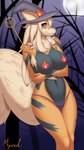 anthro big_breasts blonde_hair breasts brown_eyes clothing female hair hat headgear headwear looking_at_viewer moon night orange_body panties pasties solo underwear wand witch_hat myssedakes nintendo pokemon arcanine generation_1_pokemon pokemon_(species) absurd_res hi_res