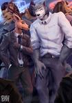 anthro antlers brown_body brown_fur cigarette claws clothed clothing duo_focus eye_scar facial_scar fully_clothed fur gloves grey_body grey_fur group hair hand_in_pocket handwear horn looking_back male necktie pockets scar shirt smoking standing topwear physen beastars free_(beastars) legoshi_(beastars) louis_(beastars) miguel_(beastars) shishigumi_(beastars) canid canine canis cervine deer felid lion mammal pantherine red_deer wolf absurd_res hi_res