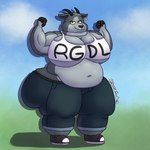 anthro belly belt big_belly big_breasts big_butt bottomwear breasts butt clothing cloud crop_top denim denim_bottomwear denim_clothing detailed_background ear_piercing ear_tag female flexing flexing_bicep flexing_both_biceps footwear fur grass grey_body grey_fur horizontal_pupils horn huge_breasts huge_butt hyper hyper_butt jeans looking_at_viewer love_handles obese outside overweight overweight_anthro overweight_female pants piercing plant pupils shirt shoes sky solo text text_on_clothing text_on_topwear topwear yellow_eyes sunset_derg coffee_stain_studios epic_games fortnite goat_simulator pilgor_(goat_simulator) bovid caprine goat mammal 2023 artist_name digital_media_(artwork) hi_res signature