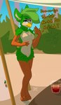 anthro beak blue_eyes breasts dialogue featureless_breasts female green_body green_hair hair looking_at_viewer navel nude solo standing text mewmus furby avian furby_(species) 2021 constructed_language english_text fictional_language furbish_text hi_res