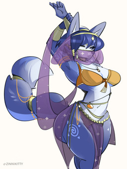 anthro armor belly_dancer blue_body blue_fur bra bracers clothed clothing eyes_closed female fur harem jewelry navel skimpy slave solo standing stretching translucent underwear veil zinnick nintendo star_fox krystal_(star_fox) canid canine fox mammal hi_res