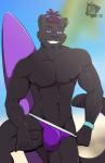 anthro beach black_body bulge clothed clothing looking_at_viewer male melanistic muscular muscular_anthro muscular_male pecs purple_clothing seaside smile solo speedo surf surfboard swimwear underwear vehicle watercraft nelldemon felid mammal pantherine 2019