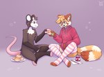 black_body black_fur casual_nudity clothing duo femboy food fur hoodie horn legwear male orange_body orange_fur sitting thigh_highs topwear fleurfurr arcberg torkle ailurid american_opossum mammal marsupial red_panda virginia_opossum hi_res