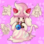 collar female food fruit heart_symbol pink_background plant red_eyes simple_background strawberry tail white_body techno_otaku nintendo pokemon alcremie domestic_cat felid feline felis food_creature generation_8_pokemon goo_creature mammal pokemon_(species) 1:1 hi_res