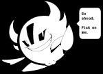 blush dialogue female genitals horn looking_at_viewer presenting pussy smile solo speech_bubble text conditional_dnp exed_eyes undertale undertale_(series) astigmatism monster black_and_white english_text monochrome