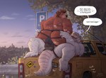 albino anthro beard big_butt breath broad_shoulders bulge bulge_frottage butt butt_rub clothed clothing detailed_background dialogue duo facial_hair facial_piercing hand_on_butt jockstrap jockstrap_only looking_at_butt looking_back male male/male motion_lines musk musk_clouds musky_butt musky_jockstrap musky_underwear nose_piercing nose_ring on_car on_vehicle outside panting perineum piercing ring_piercing short_tail sitting_on_another tail tail_motion tailwag text topless truck truck_bed underwear underwear_only vehicle ruffus_woofus don_dontae_(ffizzy) bear crocodile crocodilian mammal reptile scalie 2025 absurd_res english_text hi_res