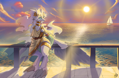 anthro blue_eyes blue_sky cloud female fur greek_clothing hair light nails sea seaside sky solo sun sunlight sunset tail water white_body white_fur white_hair adetuddymax nintendo pokemon generation_5_pokemon legendary_pokemon pokemon_(species) reshiram absurd_res hi_res