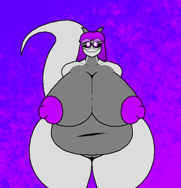 anthro areola bangs belly big_belly big_breasts big_glasses big_navel big_nipples black_sclera blunt_bangs breasts curvy_figure deep_navel eyelashes eyewear female freckles genitals glasses gradient_background grey_body hair horn huge_breasts huge_hips huge_thighs long_hair markings mole_(marking) mole_under_eye navel nipples non-mammal_breasts non-mammal_hair non-mammal_navel non-mammal_nipples non-mammal_vulva nude overweight overweight_anthro overweight_female pupils purple_areola purple_eyes purple_hair purple_nipples round_glasses simple_background smile solo standing tail thick_thighs venus_figure vulva white_pupils wide_hips illuminion_(artist) mythology saphy_magistralis dragon mythological_creature mythological_scalie scalie wingless_dragon 2022 absurd_res aliasing digital_media_(artwork) hi_res